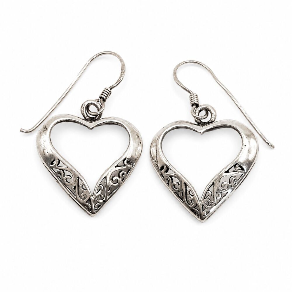 Vintage 925 Sterling Silver Open Heart Scroll Filigree Design Dangle Earrings